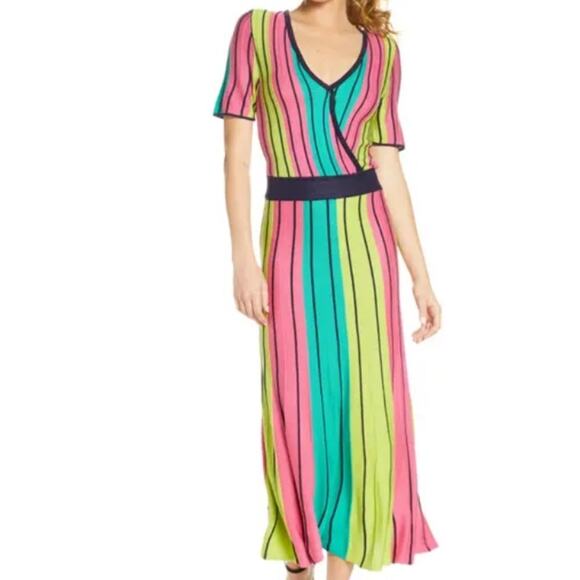 foxiedox Dresses & Skirts - Foxiedox Fern Stripe Midi Sweater Dress In Neon Rainbow Size S